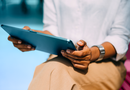 woman looking at the ipad